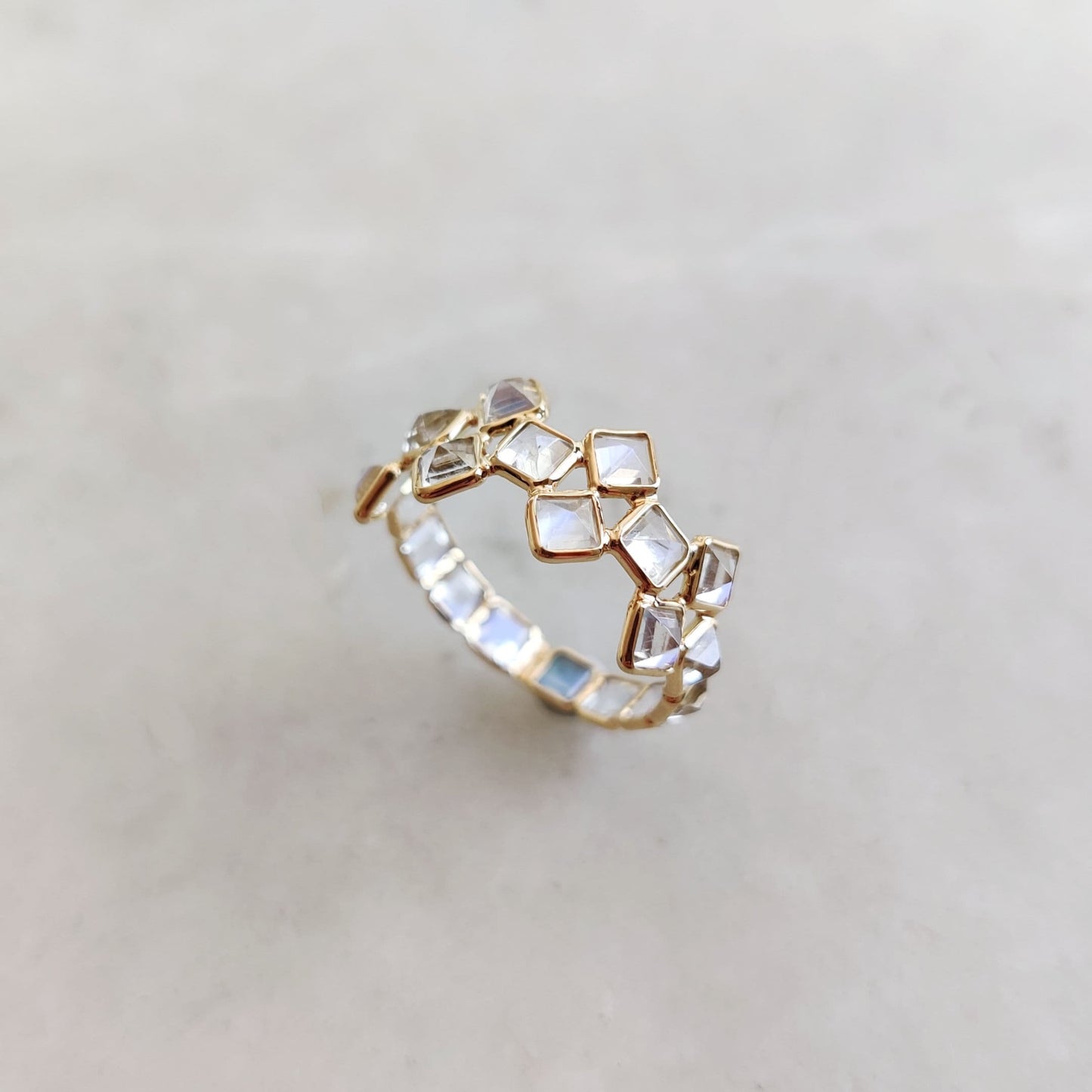 Natural Rainbow Moonstone Ring, Solid Gold Moonstone Ring, Rainbow Moonstone Bezel Ring, Infinity Ring, June Birthstone Ring