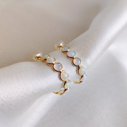 Natural Ethiopion Opal Hoop Earrings, Solid Gold Opal Hoop Earrings, October Birthstone Earrings, Dainty Opal Earrings, White Opal Studs