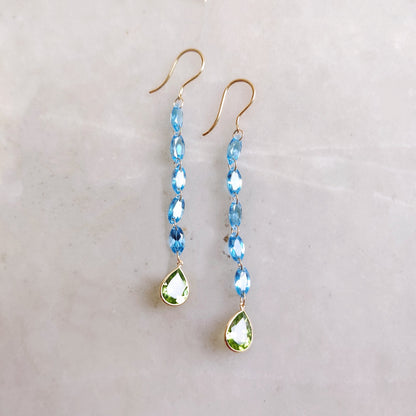 Natural Swiss Blue Topaz & Peridot Earrings, Solid Gold Topaz Drop Earrings, February Birthstone Earrings, Peridot Jewelry,Birthday Present