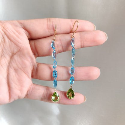 Natural Swiss Blue Topaz & Peridot Earrings, Solid Gold Topaz Drop Earrings, February Birthstone Earrings, Peridot Jewelry,Birthday Present