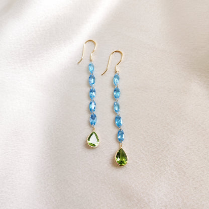 Natural Swiss Blue Topaz & Peridot Earrings, Solid Gold Topaz Drop Earrings, February Birthstone Earrings, Peridot Jewelry,Birthday Present