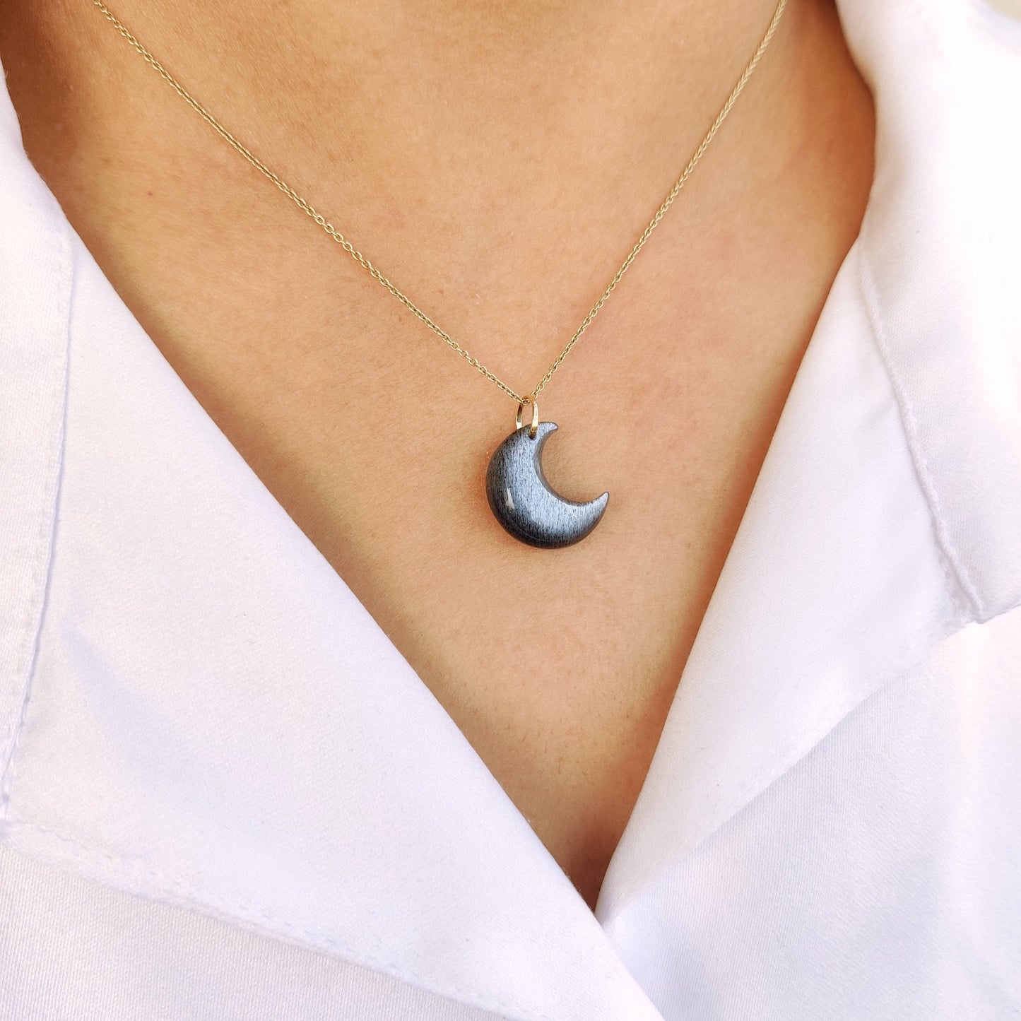 Natural Black Moonstone Pendant, 14K Solid Yellow Gold Moonstone Pendant, June Birthstone Pendant, Crescent Moon Gemstone Pendant