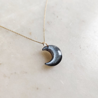 Natural Black Moonstone Pendant, 14K Solid Yellow Gold Moonstone Pendant, June Birthstone Pendant, Crescent Moon Gemstone Pendant