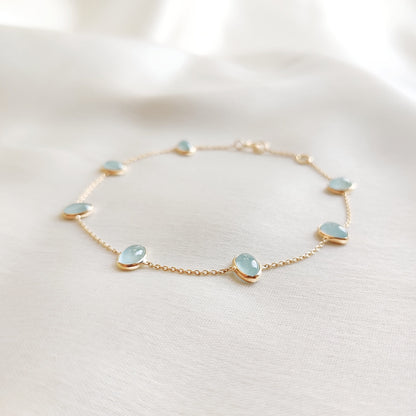 Natural Aquamarine Bracelet, 14K Solid Gold Bracelet, Oval Aquamarine Bezel Set Bracelet, March Birthstone Bracelet, Aquamarine Jewelry