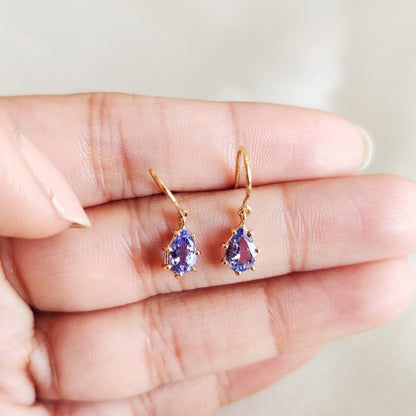 Solid Gold Natural Tanzanite Earrings, 14K Yellow Gold Tanzanite Earrings, Dainty Pear Cut Tanzanite Earrings, December Birthstone Earrings