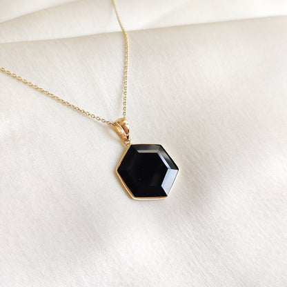 Natural Black Onyx Hexagon Pendant, 14K Solid Gold Yellow Onyx Pendant, Hexagon Pendant, December Birthstone Pendant, Dainty Onyx Pendant