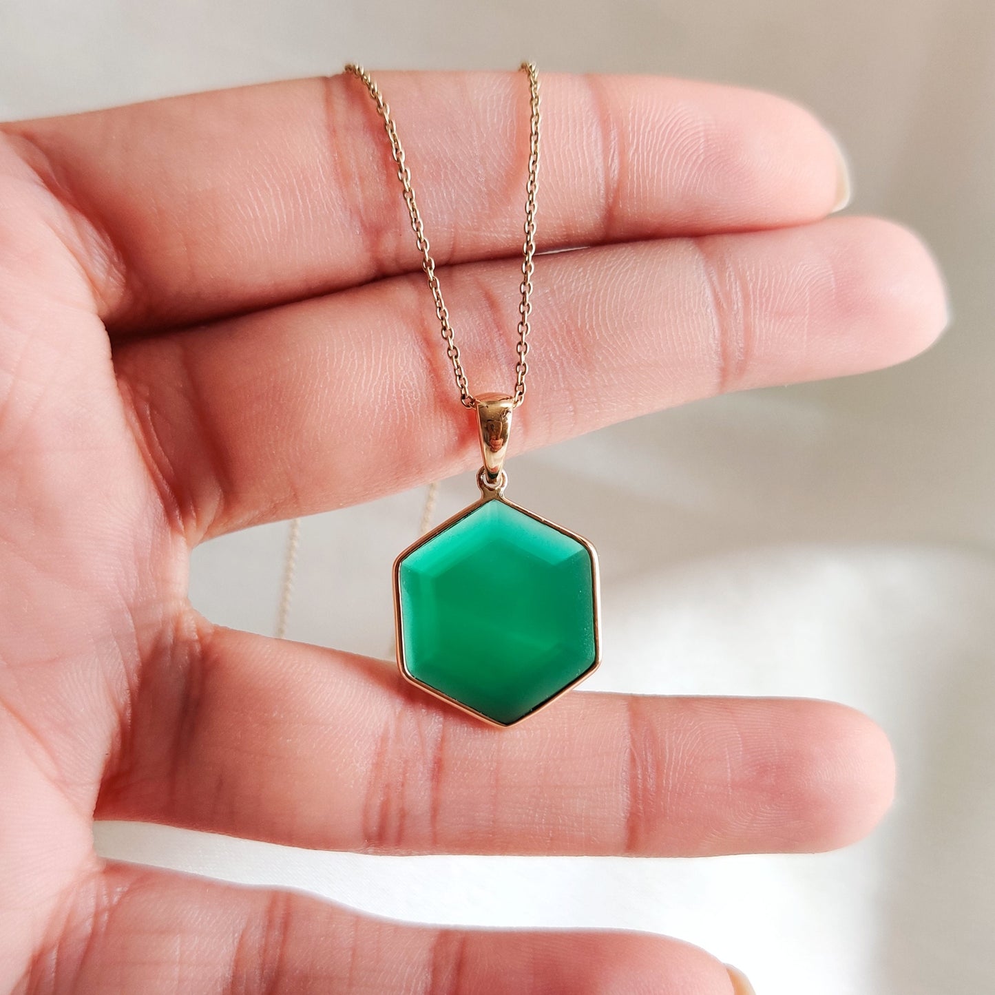 Natural Green Onyx Hexagon Pendant, 14K Solid Yellow Gold Onyx Pendant, Hexagon Pendant, May Birthstone Pendant, Green Onyx Jewelry