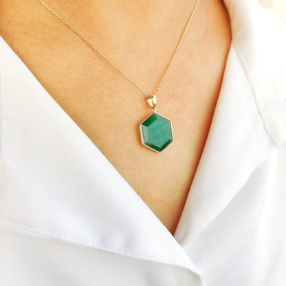 Natural Green Onyx Hexagon Pendant, 14K Solid Yellow Gold Onyx Pendant, Hexagon Pendant, May Birthstone Pendant, Green Onyx Jewelry