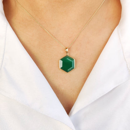 Natural Green Onyx Hexagon Pendant, 14K Solid Yellow Gold Onyx Pendant, Hexagon Pendant, May Birthstone Pendant, Green Onyx Jewelry