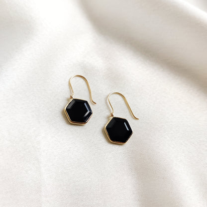 Natural Black Onyx Hexagon Earrings, 14K Solid Yellow Gold Earrings, December Birthstone Earrings,Dainty Onyx Earrings, Hexagon Cut Earrings