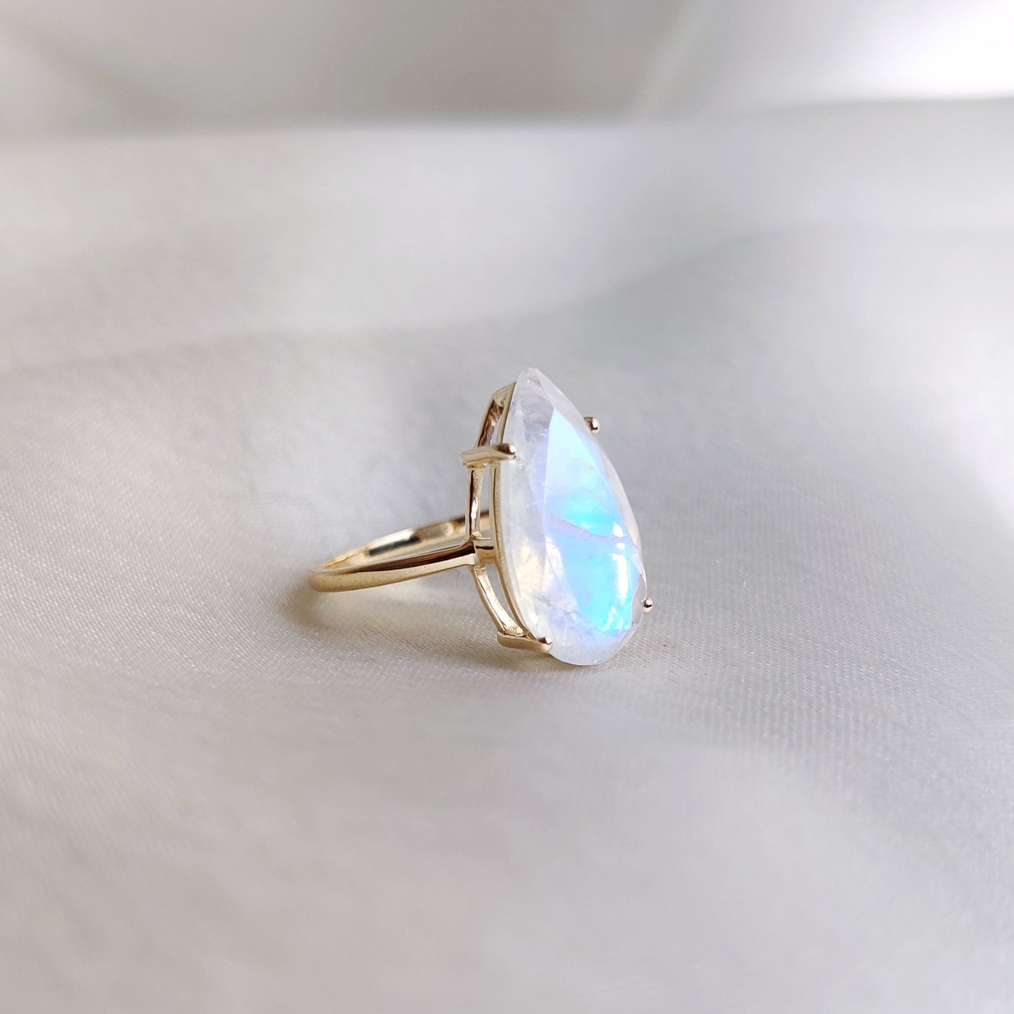 Natural Rainbow Moonstone Ring, 14K Solid Yellow Gold Moonstone Ring, June Birthstone Ring, Pear Cut Engagement Ring, Blue Moonstone Ring