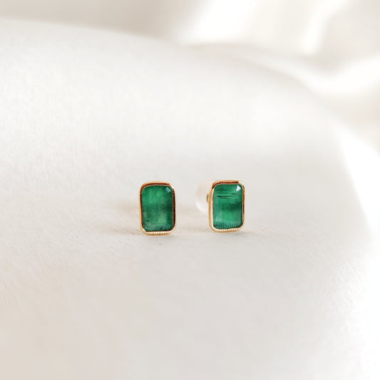 Natural Emerald Studs, 14K Solid Gold Emerald Studs, Dainty Octagon Emerald Studs, May Birthstone Studs, Christmas Present