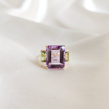 Natural Pink Amethyst & Peridot Ring, 14K Solid Yellow Gold Ring, February and August Birthstone, Multi Stone Ring, Dainty Amethyst Ring