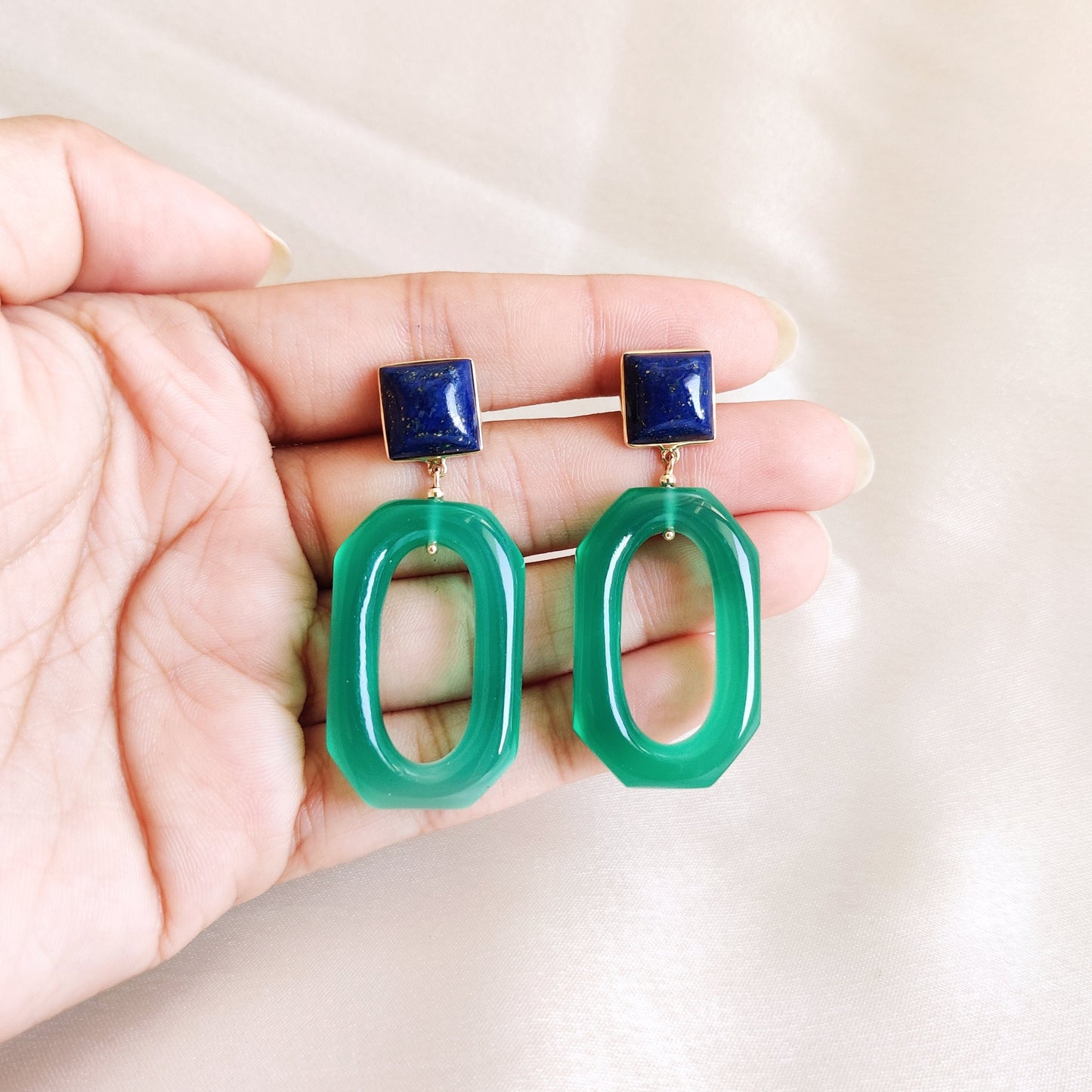 Natural Lapis Lazuli & Green Onyx Earrings, 14K Solid Yellow Gold Earrings, Statement Gemstone Stud Earrings, September Birthstone Earrings