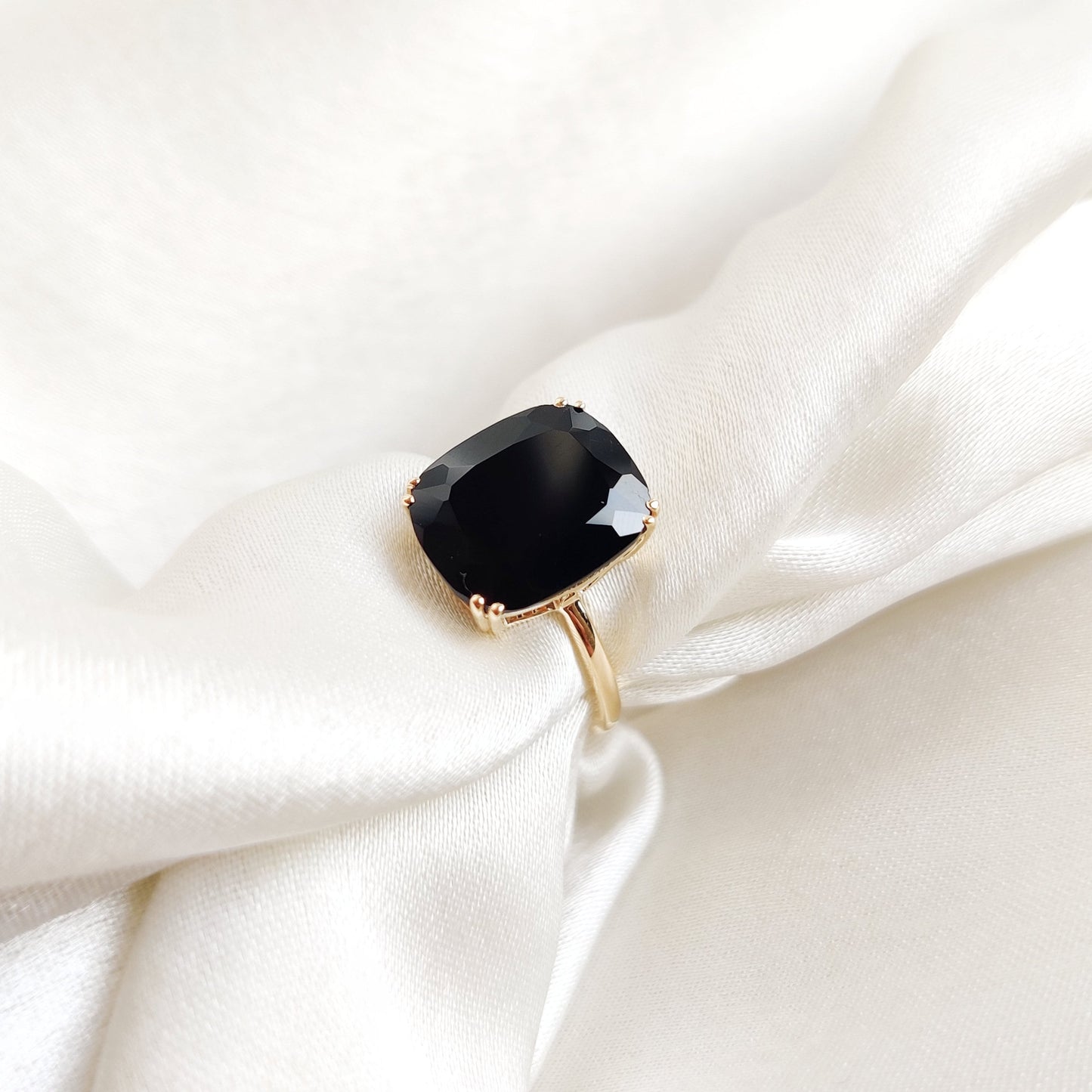 Natural Black Onyx Ring, 14K Solid Yellow Gold Ring, December Birthstone Ring, Cushion Cut Onyx Ring, Black Onyx Statement Ring