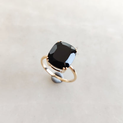 Natural Black Onyx Ring, 14K Solid Yellow Gold Ring, December Birthstone Ring, Cushion Cut Onyx Ring, Black Onyx Statement Ring