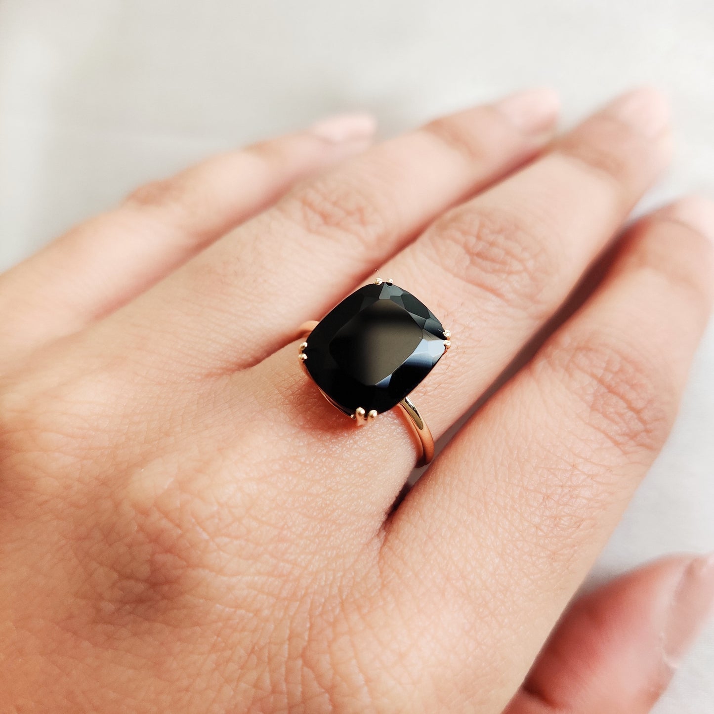 Natural Black Onyx Ring, 14K Solid Yellow Gold Ring, December Birthstone Ring, Cushion Cut Onyx Ring, Black Onyx Statement Ring