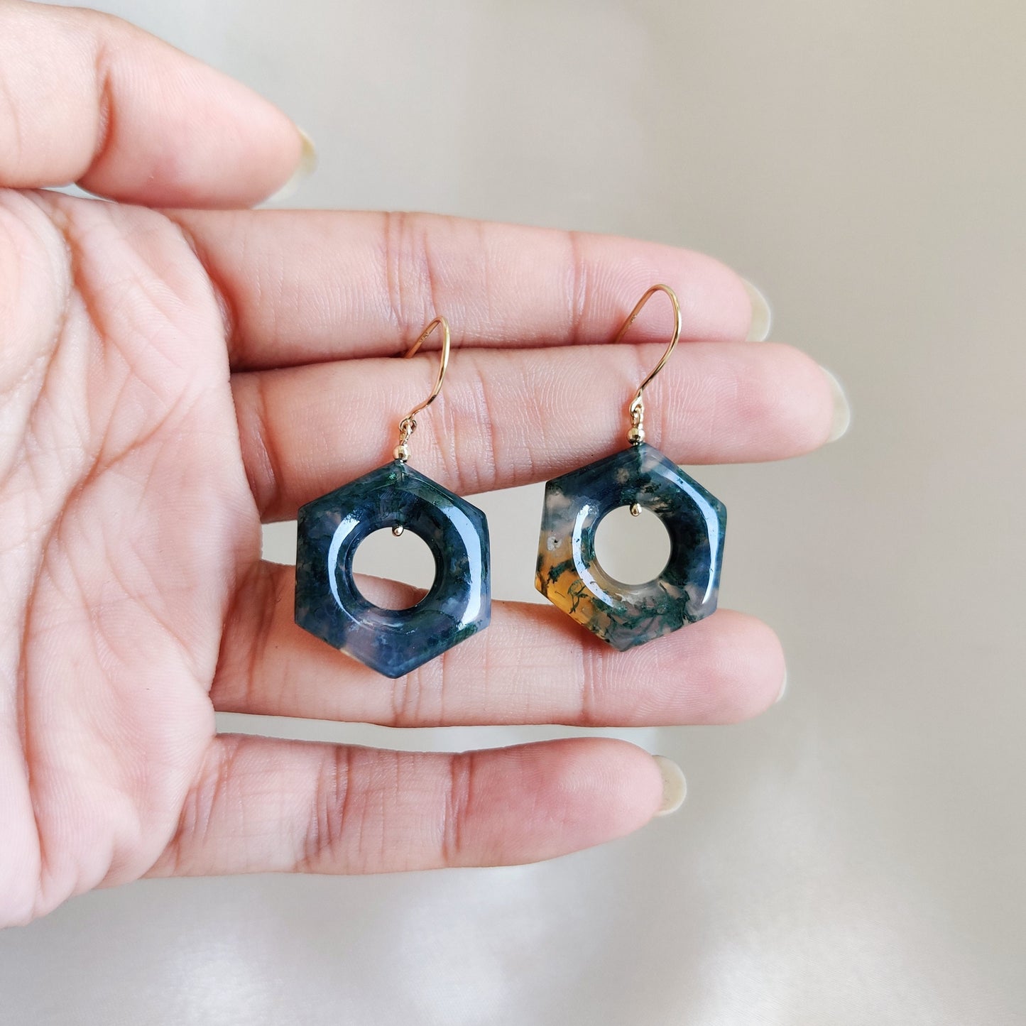 Natural Moss Agate Earrings, 14K Solid Yellow Gold Agate Earrings,  April & May Birthstone, Moss Agate Jewelry, Hexagon Gemstone Earrings