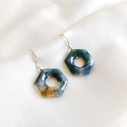 Natural Moss Agate Earrings, 14K Solid Yellow Gold Agate Earrings,  April & May Birthstone, Moss Agate Jewelry, Hexagon Gemstone Earrings