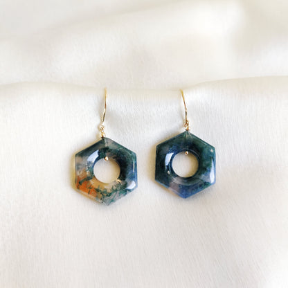 Natural Moss Agate Earrings, 14K Solid Yellow Gold Agate Earrings,  April & May Birthstone, Moss Agate Jewelry, Hexagon Gemstone Earrings