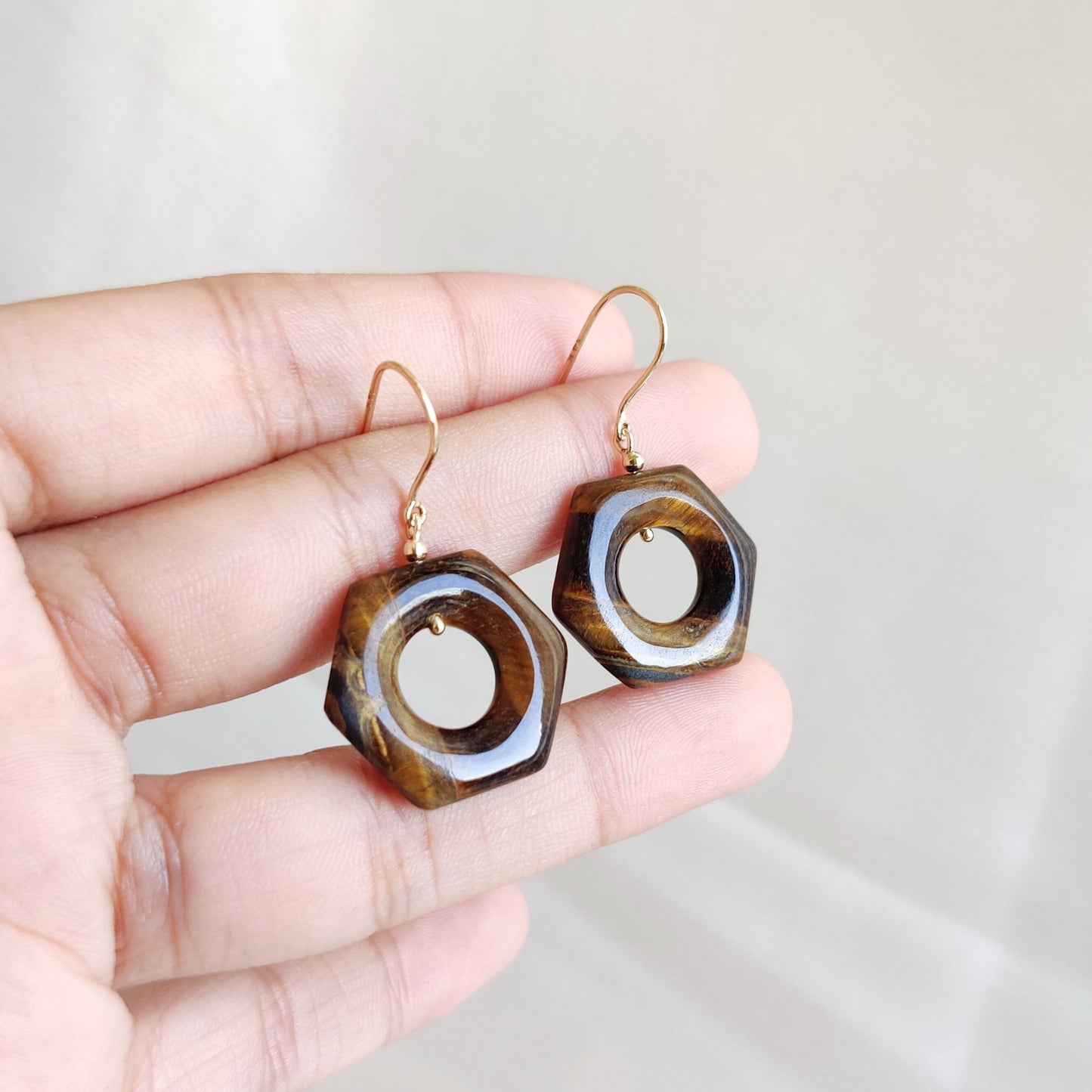 Natural Tiger Eye Earrings, 14K Solid Yellow Gold Tiger Eye Earrings, Jewelry, June Birthstone, Tiger Eye Jewelry,Statement Hexagon Earrings