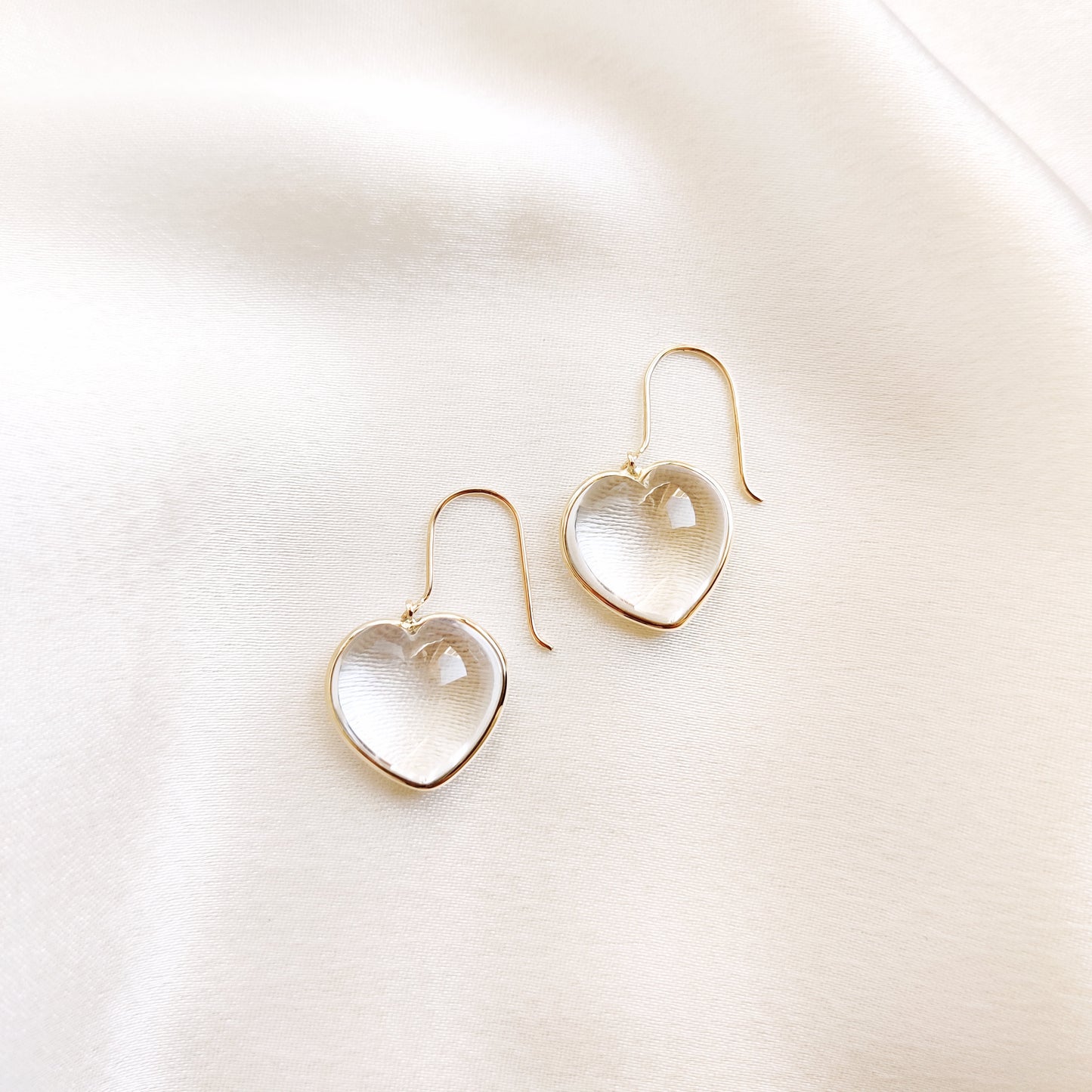 Natural Clear Quartz Heart Earrings, 14K Solid Yellow Gold Earring, April Birthstone Earrings, Heart Shape Crystal Earrings,Anniversary Gift