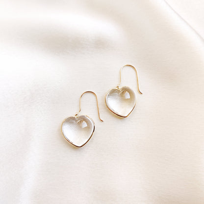 Natural Clear Quartz Heart Earrings, 14K Solid Yellow Gold Earring, April Birthstone Earrings, Heart Shape Crystal Earrings,Anniversary Gift