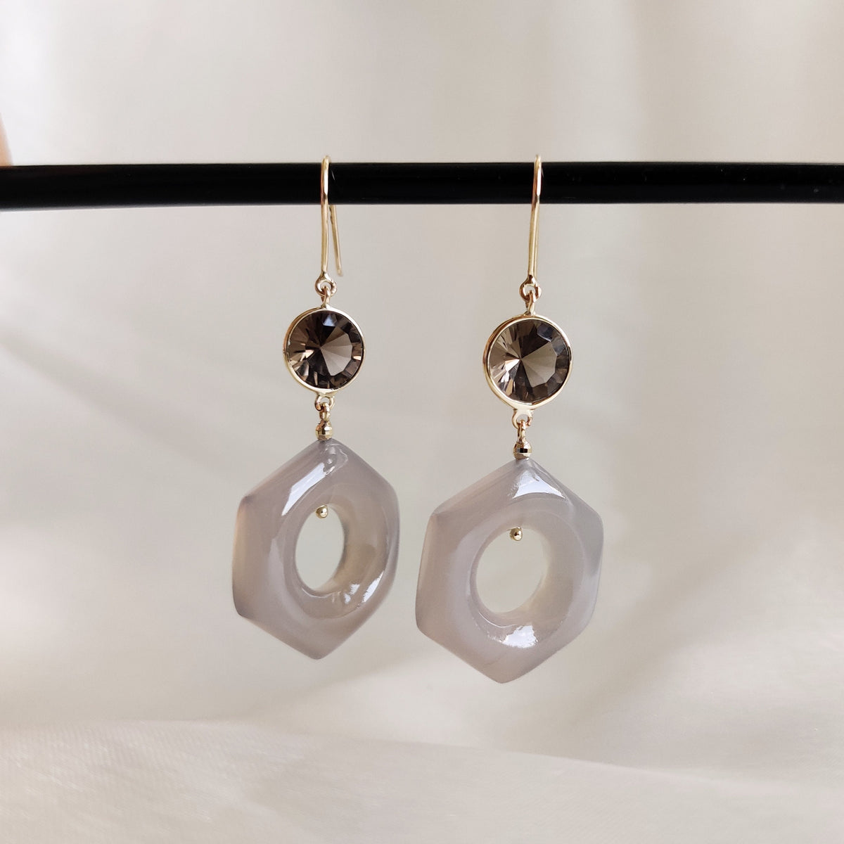 14K Solid Yellow Gold Natural Smoky Quartz & Grey Onyx Hexagon Loop Earrings