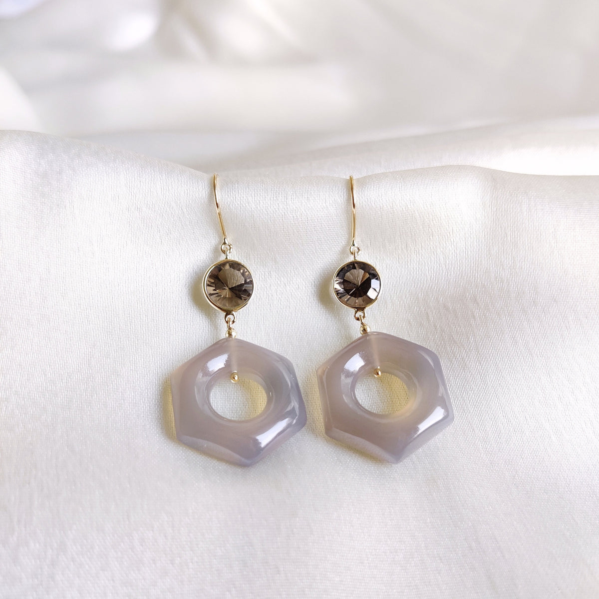 14K Solid Yellow Gold Natural Smoky Quartz & Grey Onyx Hexagon Loop Earrings
