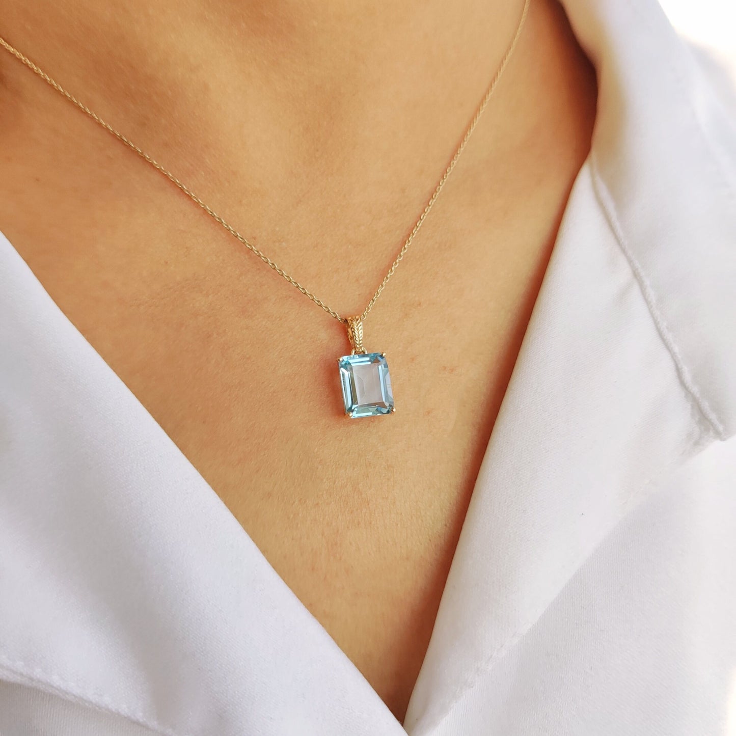 Natural Sky Blue Topaz Pendant, 14K Solid Yellow Gold Topaz Pendant, Octagon Pendant, December Birthstone, Christmas Gift, Topaz Jewelry