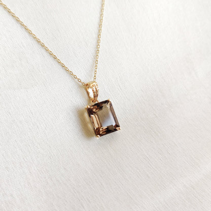 Natural Smoky Quartz Pendant, 14K Solid Yellow Gold Smoky Quartz Pendant, Octagon Pendant, June Birthstone Pendant, Christmas Present