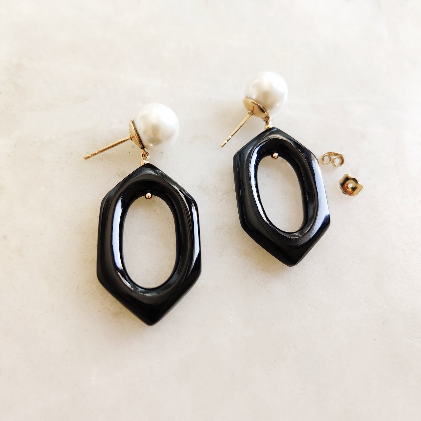 Natural Pearl Black Onyx Earrings, 14K Solid Yellow Gold Stud Earrings, January Birthstone, Black Onyx Statement Loop Earrings,Birthday Gift