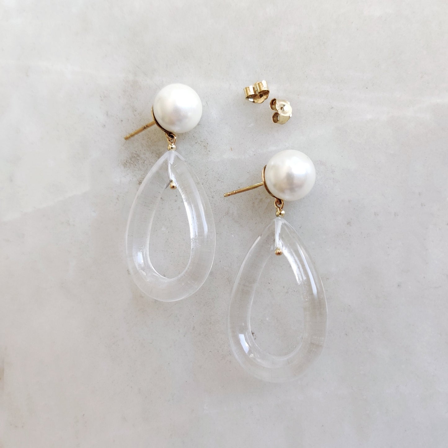 Natural Pearl & Clear Quartz Earrings, 14K Solid Yellow Gold Stud Earrings, January Birthstone, Clear Quartz Statement Loop Stud Earrings