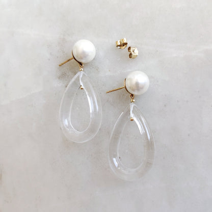 Natural Pearl & Clear Quartz Earrings, 14K Solid Yellow Gold Stud Earrings, January Birthstone, Clear Quartz Statement Loop Stud Earrings