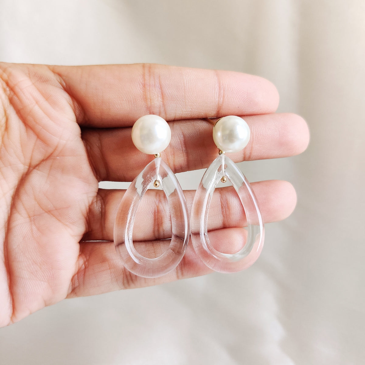 14K Solid Yellow Gold Natural Pearl & Clear Quartz Pear Loop Earrings, Statement Jewelry