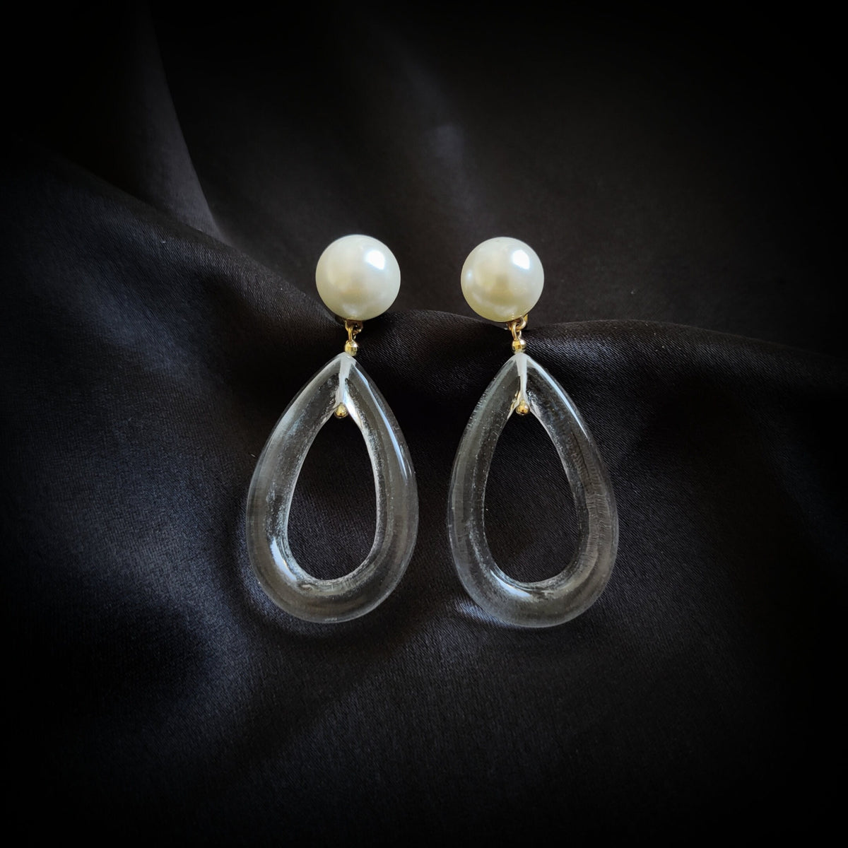 14K Solid Yellow Gold Natural Pearl & Clear Quartz Pear Loop Earrings, Statement Jewelry