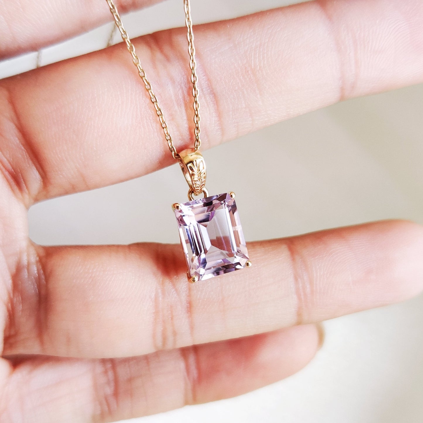 Natural Pink Amethyst Pendant, 14K Solid Yellow Gold Amethyst Pendant, Emerald Cut Pendant, February Birthstone, Pink Amethyst Jewelry