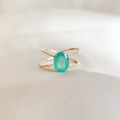 14K Gold Natural Emerald Ring, Solid Yellow Gold Emerald Ring, May Birthstone Ring, Dainty Cross Band Emerald Ring, Oval Cut Emerald Ring