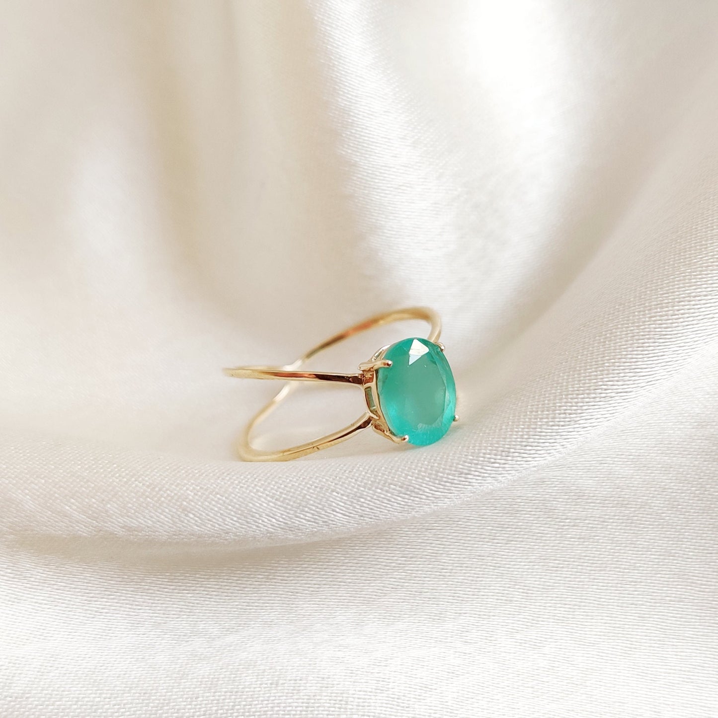 14K Gold Natural Emerald Ring, Solid Yellow Gold Emerald Ring, May Birthstone Ring, Dainty Cross Band Emerald Ring, Oval Cut Emerald Ring