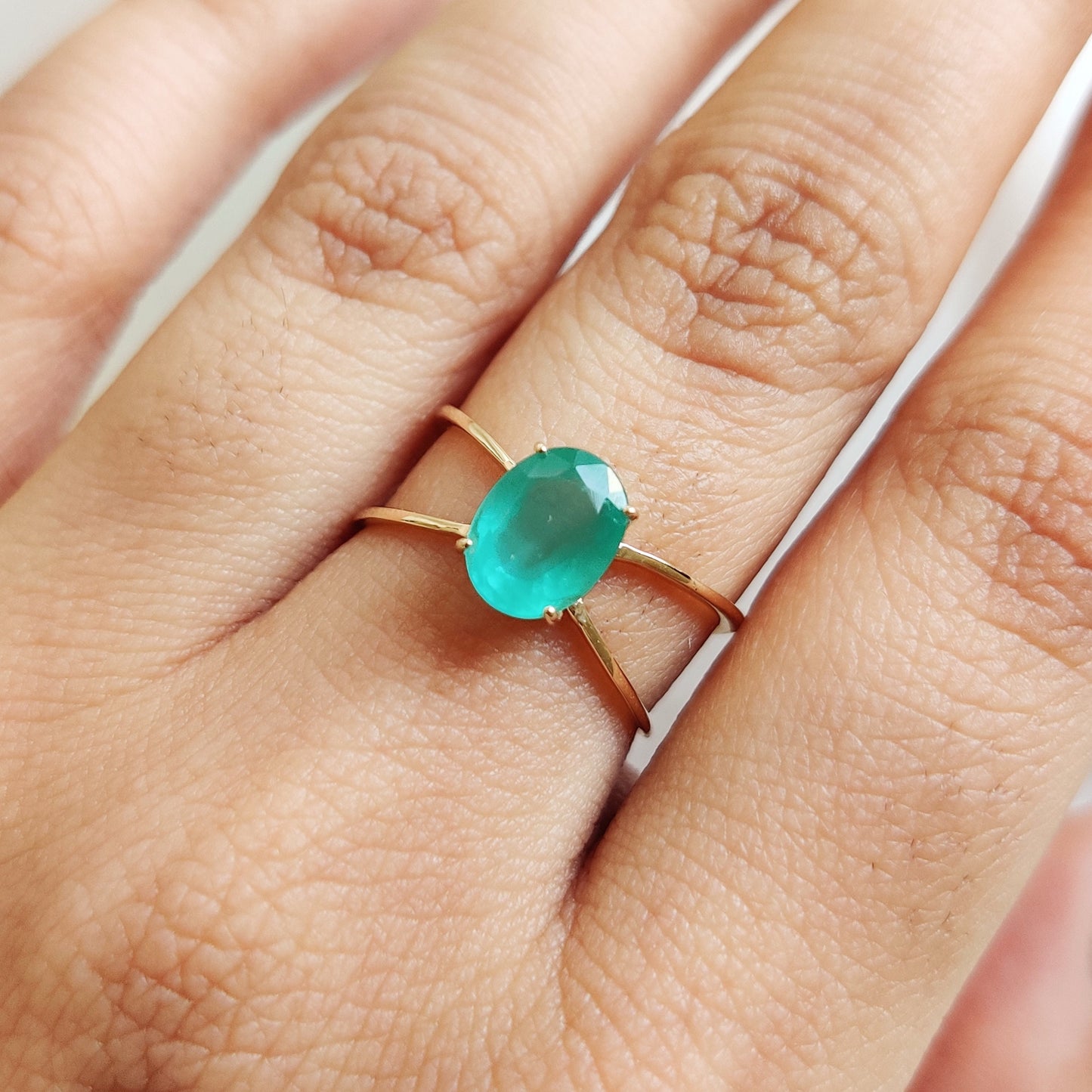 14K Gold Natural Emerald Ring, Solid Yellow Gold Emerald Ring, May Birthstone Ring, Dainty Cross Band Emerald Ring, Oval Cut Emerald Ring