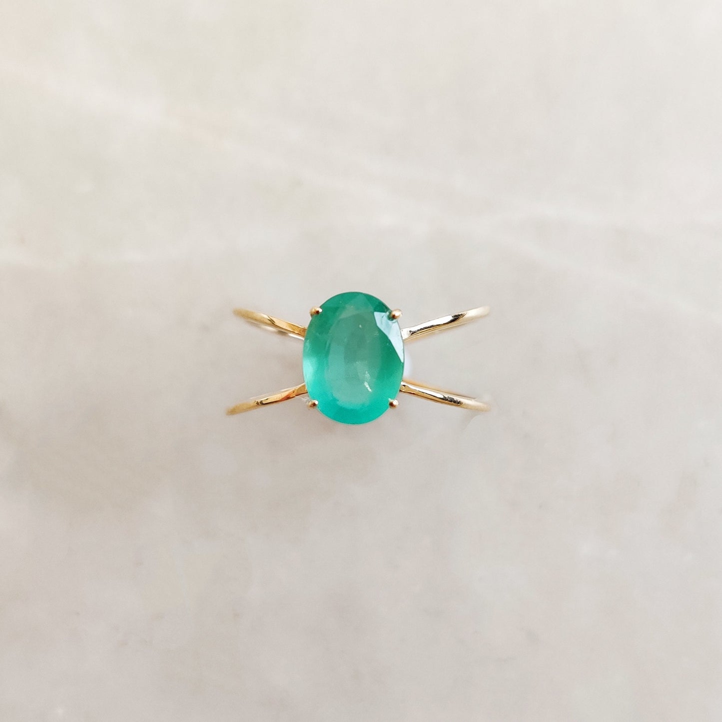 14K Gold Natural Emerald Ring, Solid Yellow Gold Emerald Ring, May Birthstone Ring, Dainty Cross Band Emerald Ring, Oval Cut Emerald Ring