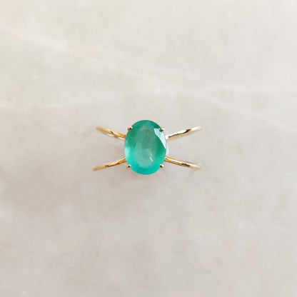 14K Gold Natural Emerald Ring, Solid Yellow Gold Emerald Ring, May Birthstone Ring, Dainty Cross Band Emerald Ring, Oval Cut Emerald Ring