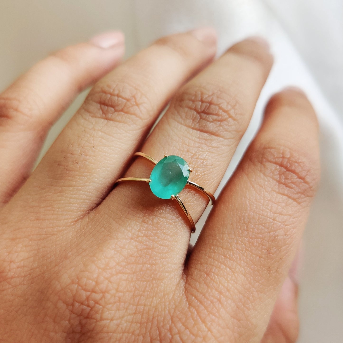 14K Gold Natural Emerald Ring, Solid Yellow Gold Emerald Ring, May Birthstone Ring, Dainty Cross Band Emerald Ring, Oval Cut Emerald Ring