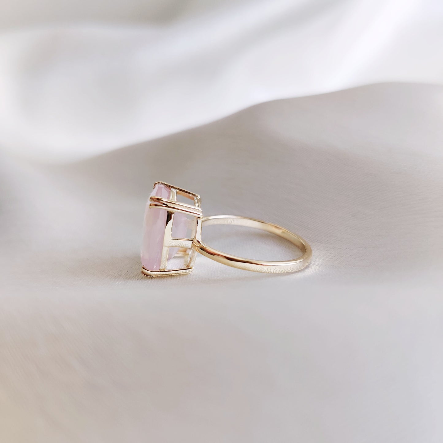 Natural Rose Quartz Ring, 14K Solid Yellow Gold Ring, January Birthstone Ring, Cushion Cut Rose Quartz Ring, Rose Quartz Jewelry