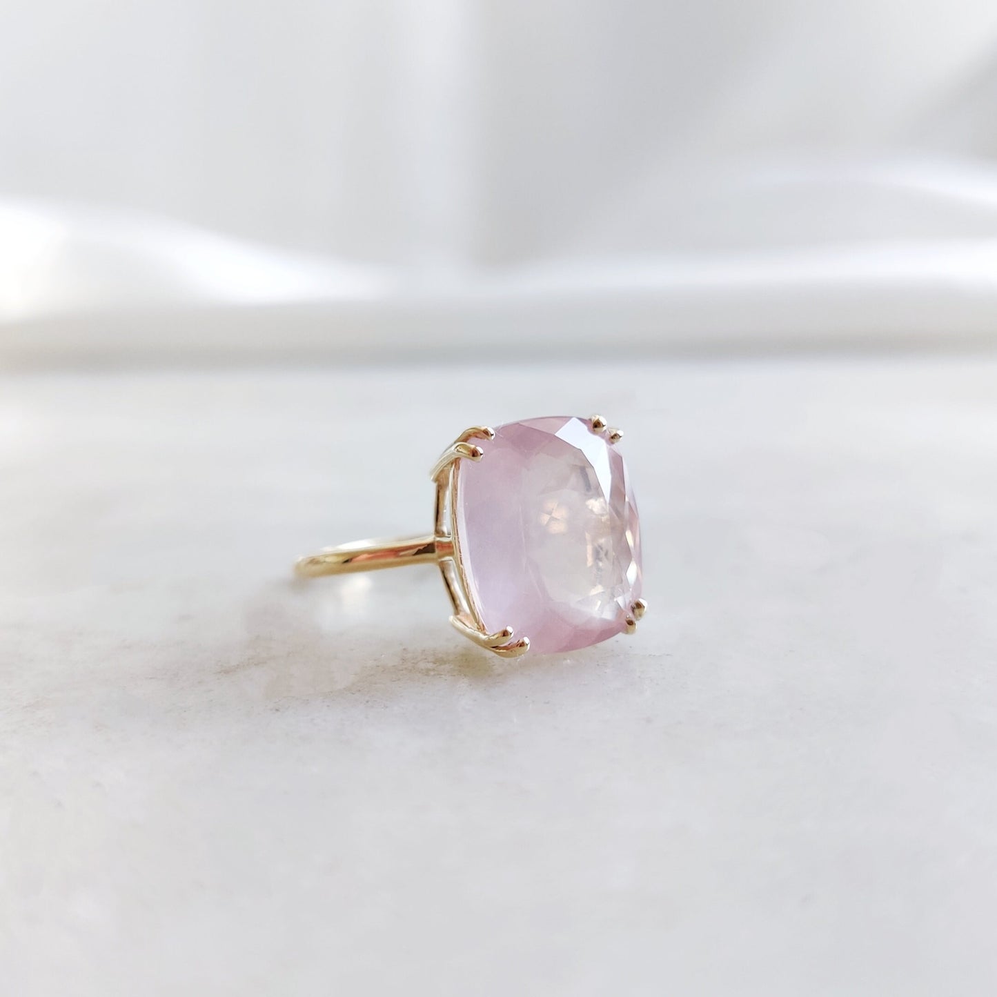 Natural Rose Quartz Ring, 14K Solid Yellow Gold Ring, January Birthstone Ring, Cushion Cut Rose Quartz Ring, Rose Quartz Jewelry