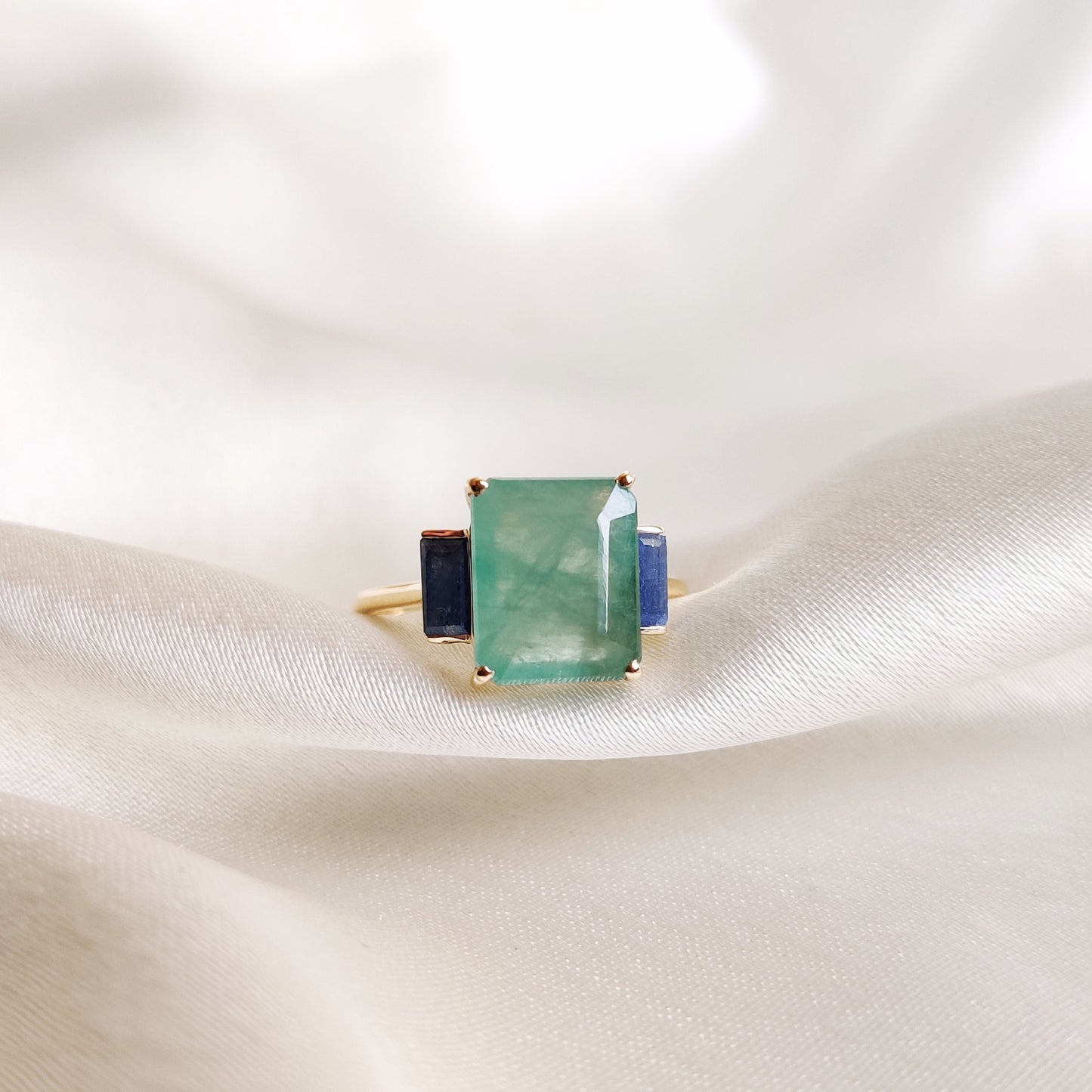 Natural Emerald & Blue Sapphire Ring, 14K Solid Yellow Gold Ring, September May Birthstone, Octagon Emerald Ring, Dainty Sapphire Ring