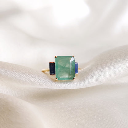 Natural Emerald & Blue Sapphire Ring, 14K Solid Yellow Gold Ring, September May Birthstone, Octagon Emerald Ring, Dainty Sapphire Ring