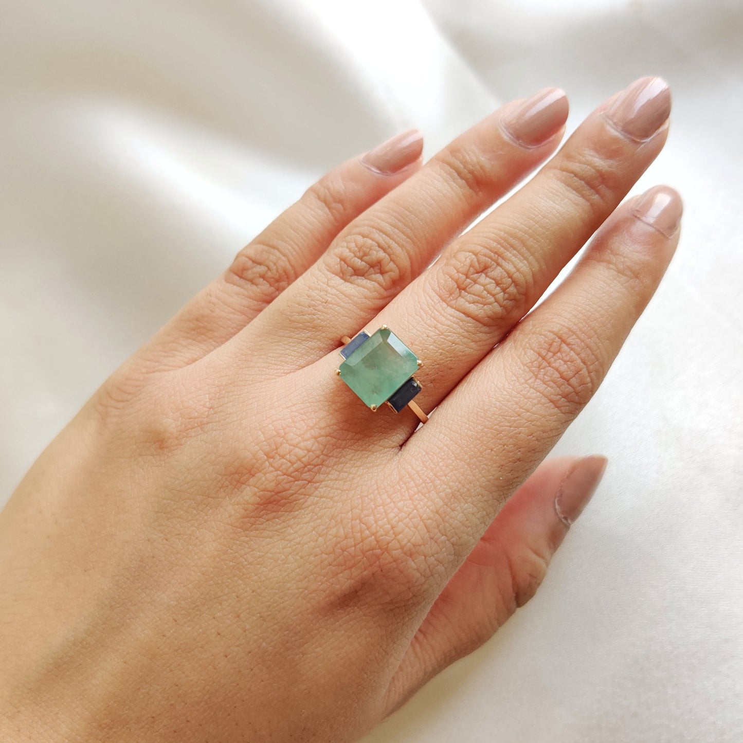 Natural Emerald & Blue Sapphire Ring, 14K Solid Yellow Gold Ring, September May Birthstone, Octagon Emerald Ring, Dainty Sapphire Ring