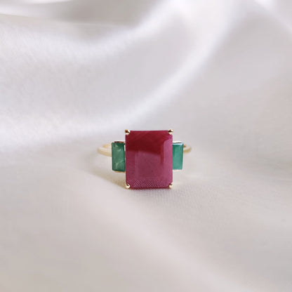 Natural Ruby & Emerald Ring, 14K Solid Yellow Gold Ring, July and May Birthstone Ring, Multi Stone Ring, Dainty Emerald Ring, Christmas Gift