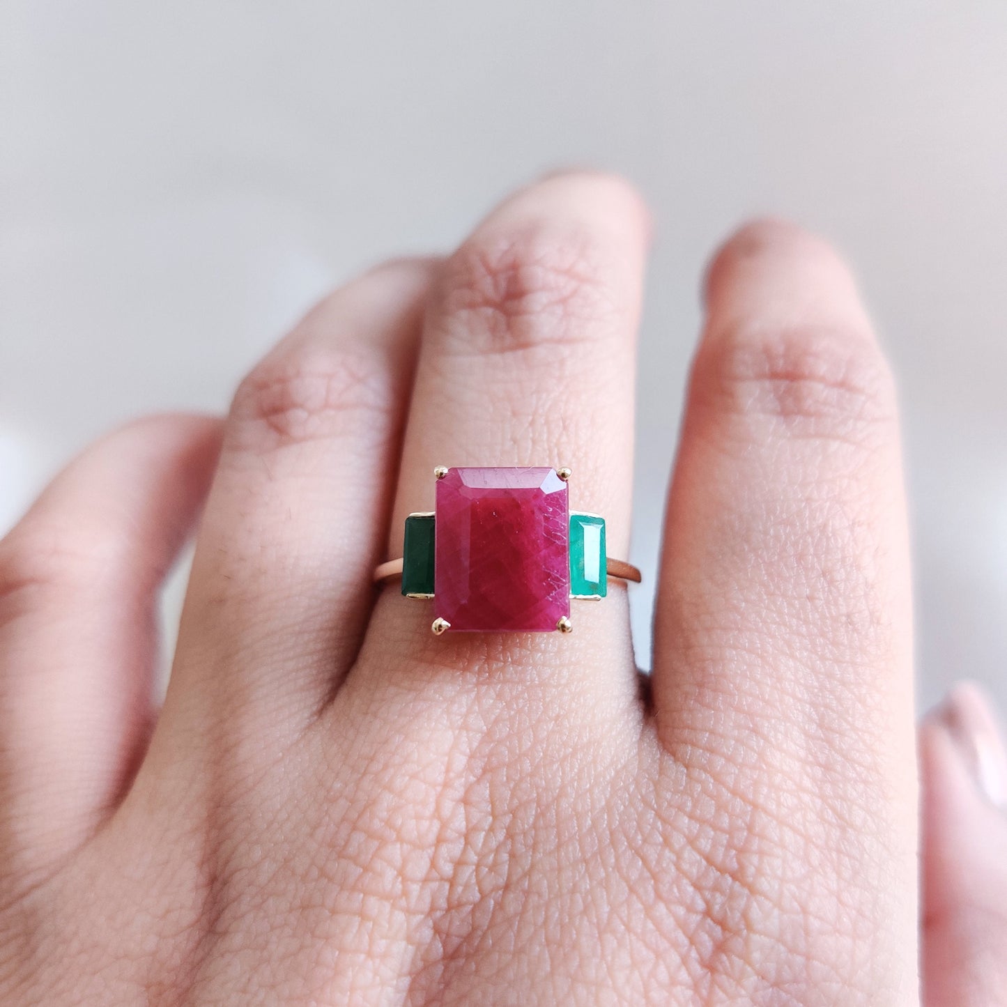 Natural Ruby & Emerald Ring, 14K Solid Yellow Gold Ring, July and May Birthstone Ring, Multi Stone Ring, Dainty Emerald Ring, Christmas Gift